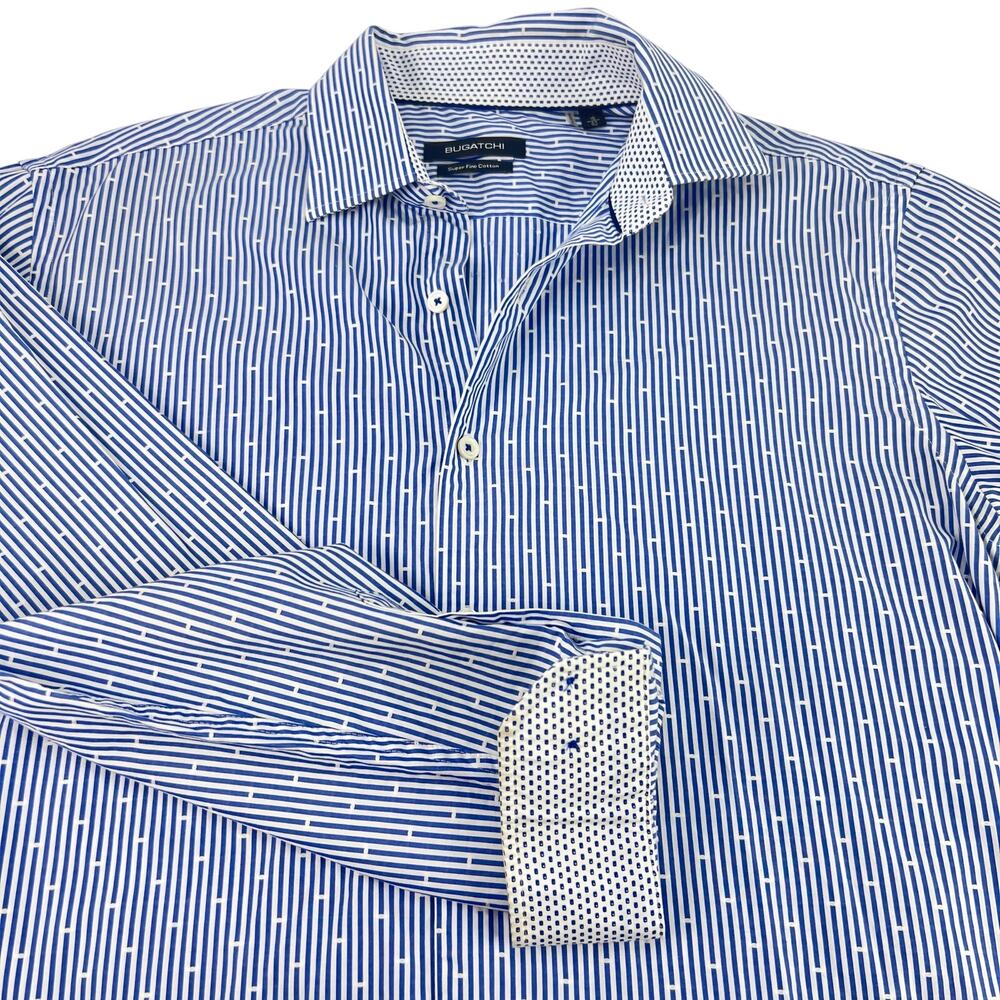 BUGATCHI Men's 16/40 Button Up Blue Stripe Dobby Flip Cuff Shirt Office Career